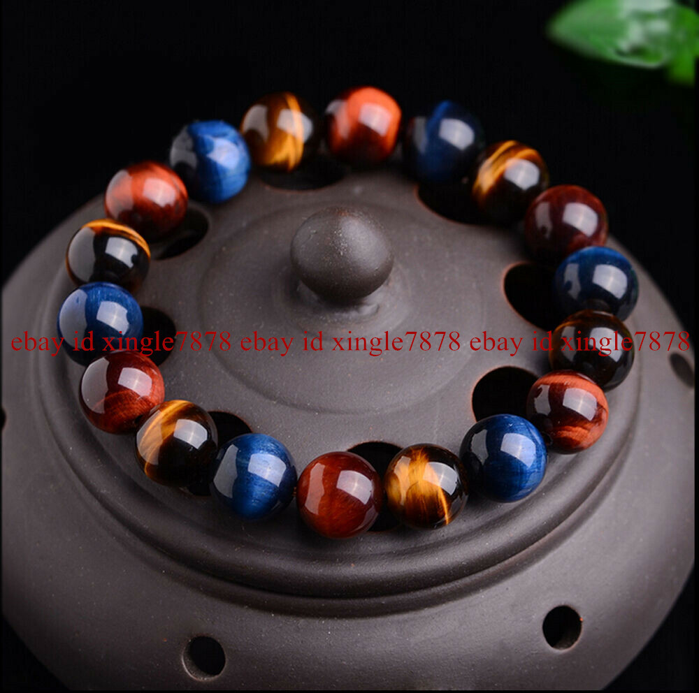 Fashion 10mm Red Yellow Blue Tiger’s Eye Gemstone Round Beads Bracelet 7.5″ AAA+