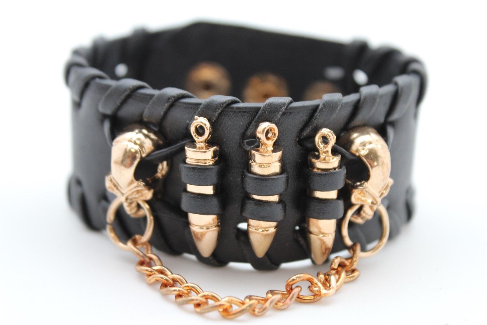 Women Black Faux Leather Bracelet Fashion Gold Metal Chain Mini Skull Bullet Gun