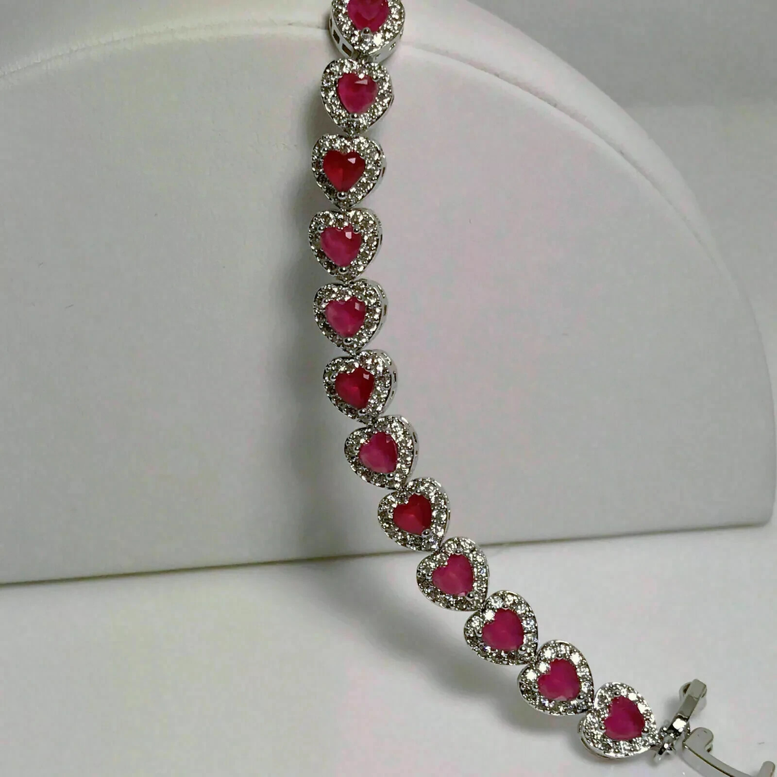 8 Ct Heart Simulated Ruby 14K White Gold Plated Halo Heart Women Tennis Bracelet