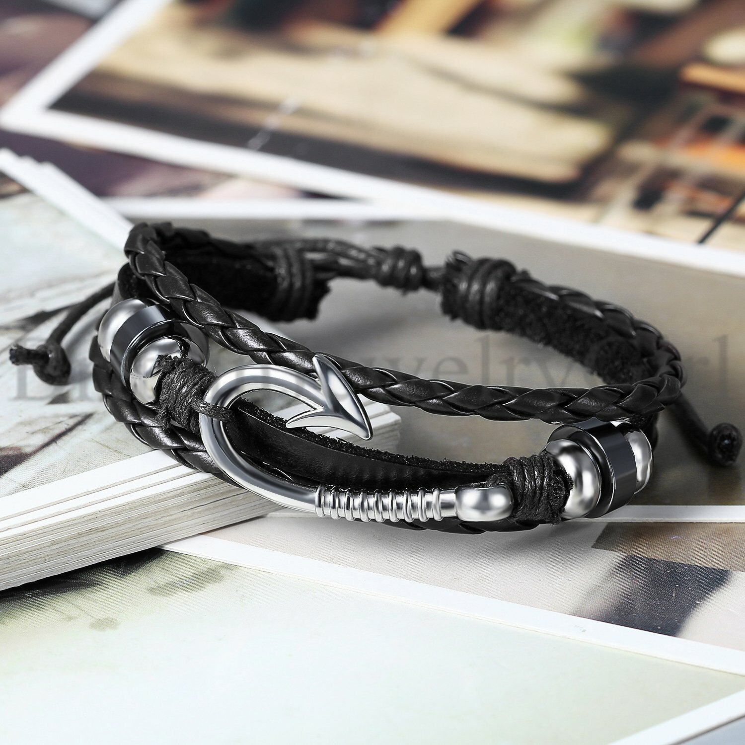 Men Women Multi-layer Fishing Hook Beaded Braided Leather Cuff Bangle Bracelet