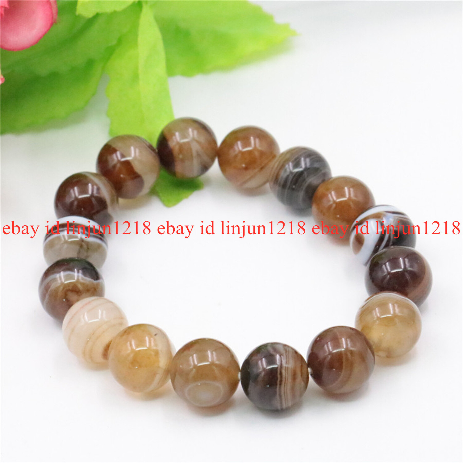 Natural 6/8/10/12mm Brown Striped Agate Round Beads Stretch Bracelet 7.5″