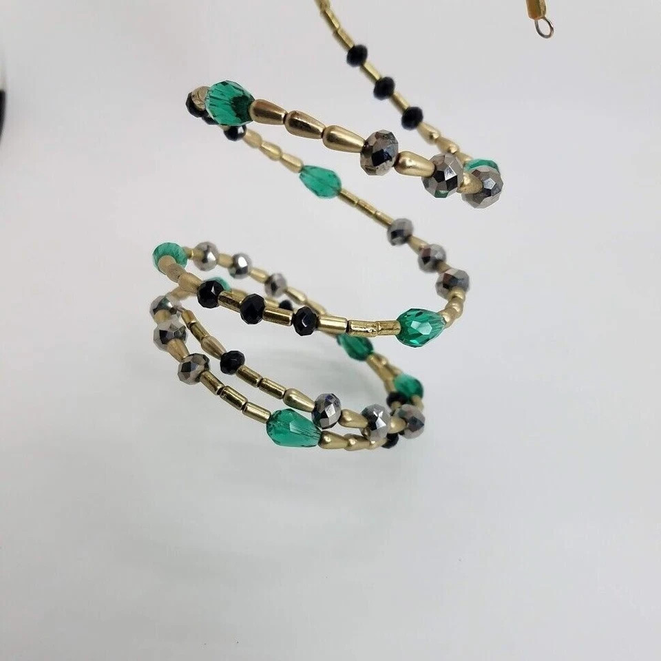 Fashion Beaded Memory Wire Coil Bracelet Green Black Gold Tone Multi Strand Wrap