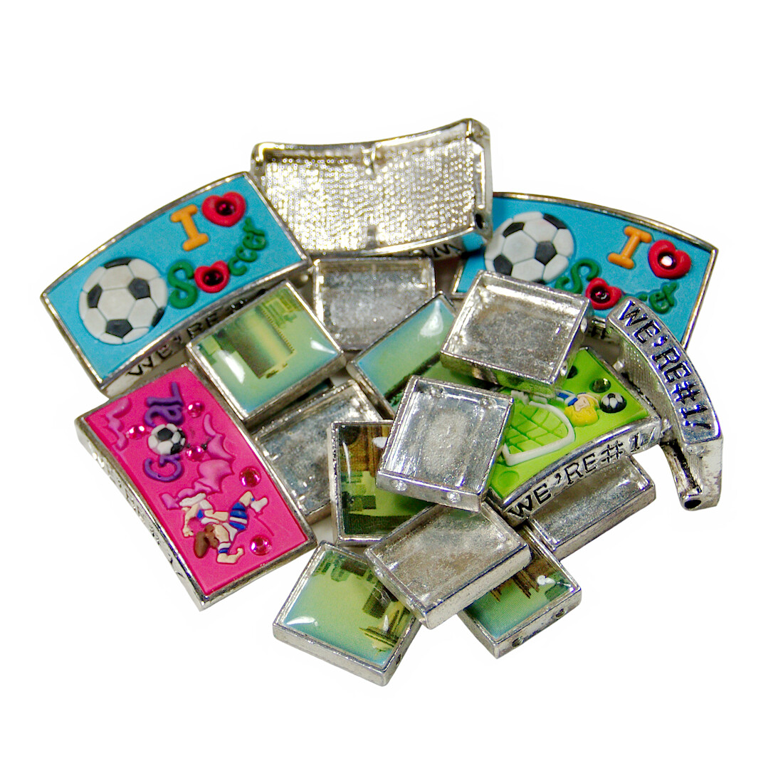 Rectangle Charm Bracelet Loose VTG Beads: I Love Soccer Goal / Photo Cityscape