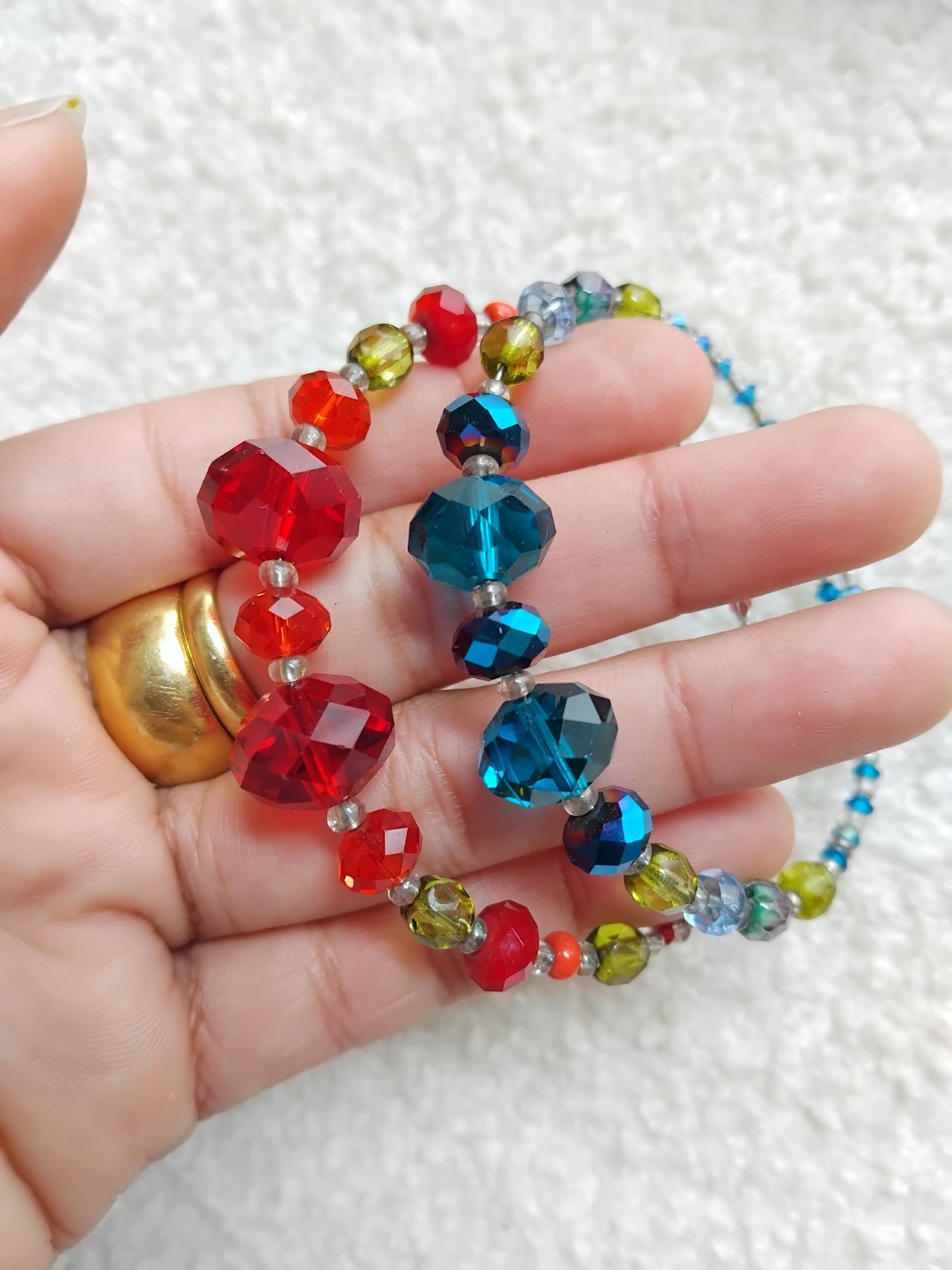 Teal, Red Facted Glass Crystal Beaded Wire Bracelet Bundle. Green Clear