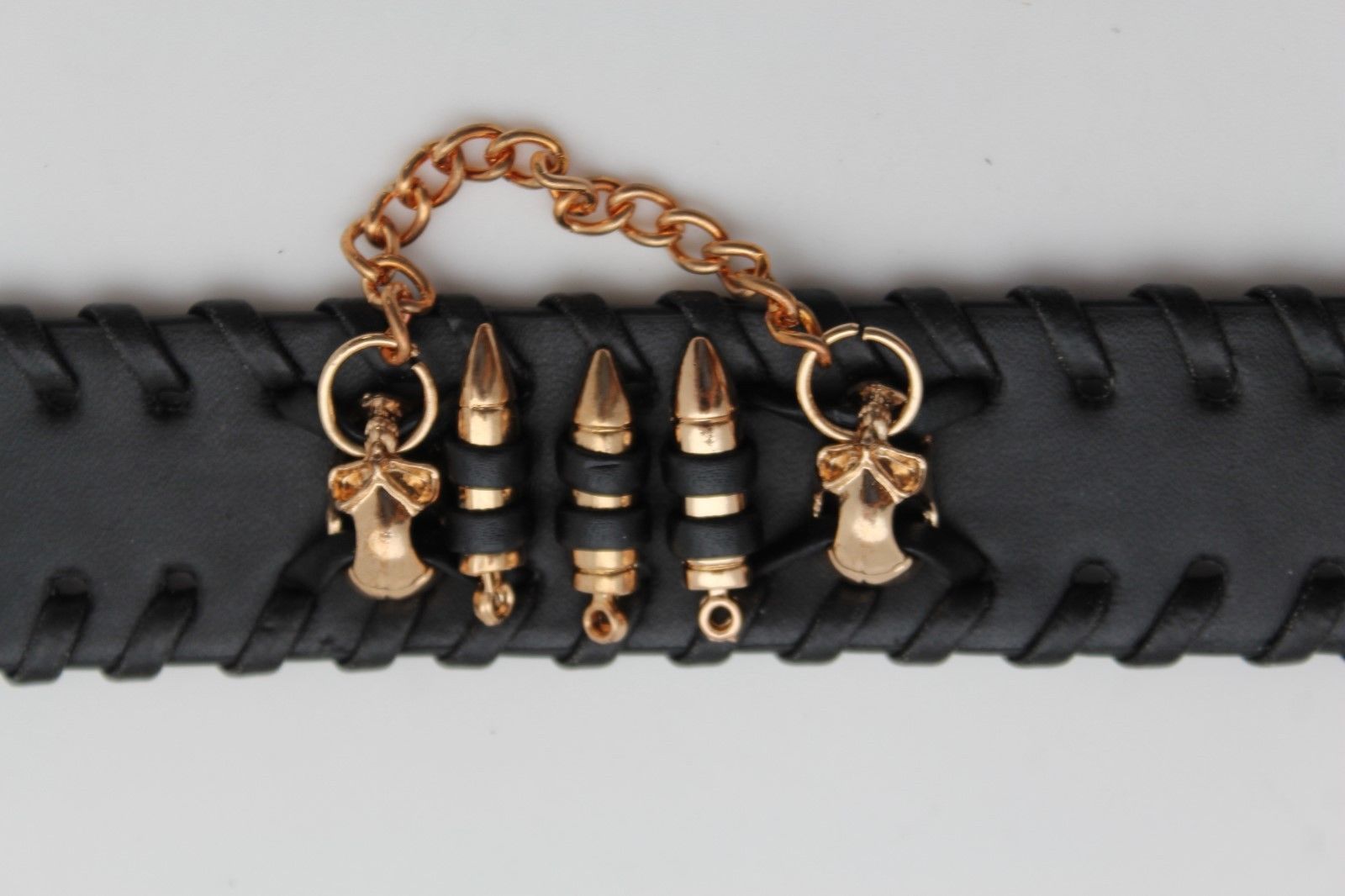 Women Black Faux Leather Bracelet Fashion Gold Metal Chain Mini Skull Bullet Gun