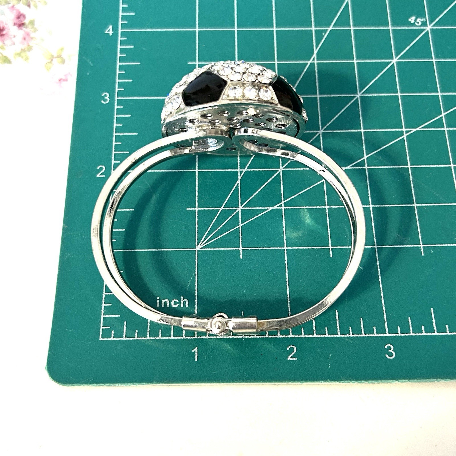 Rhinestone Soccer Ball Bracelet Hinged Cuff Silver Tone Sports Mom Bling