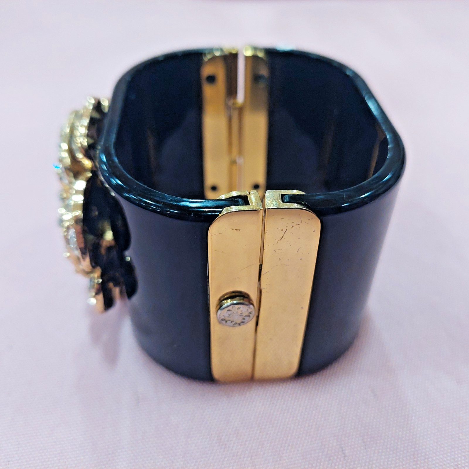 Black and Gold Crystal Flower Resin Cuff Bracelet