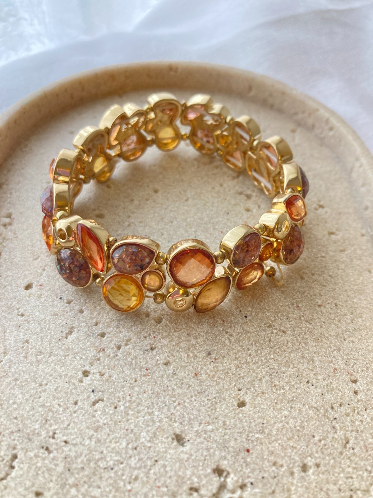 Chunky Gold Tone Stretch Bracelet Sunrise Glass Look Cabochon Cluster Statement