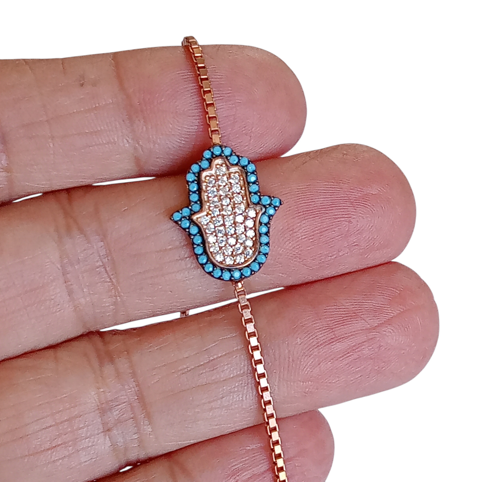 Rose Gold 925 Sterling Silver Turkish Handmade Topaz Adjustable Hamsa Bracelet