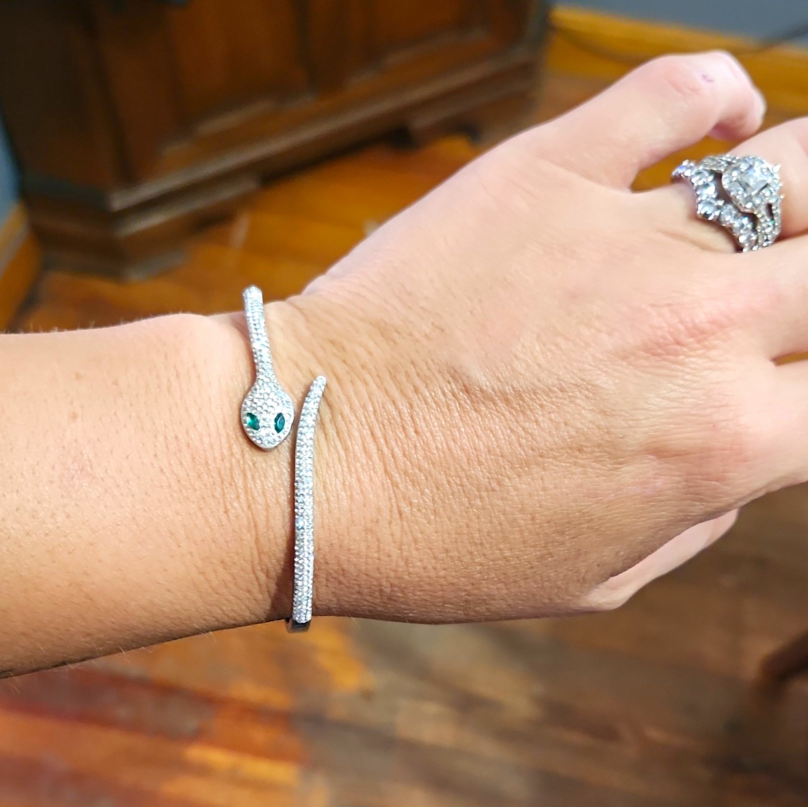 Silver Tone Snake Hinged Cuff Bracelet Pavé Crystal Green Marquise Eyes