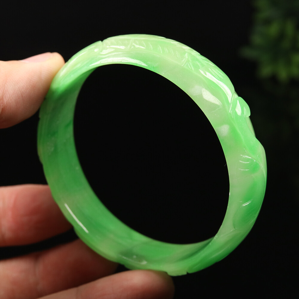 59mm Emerald Green Burma Jadeite Jade Bracelet Bangle Dragon Phoenix A-12241
