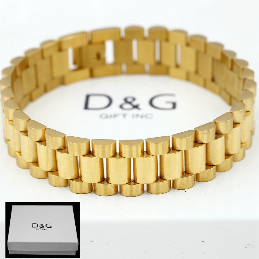 DG Men’s 8.5″ Stainless-Steel 15mm Watch Band Chain Bracelet Gold plated Box