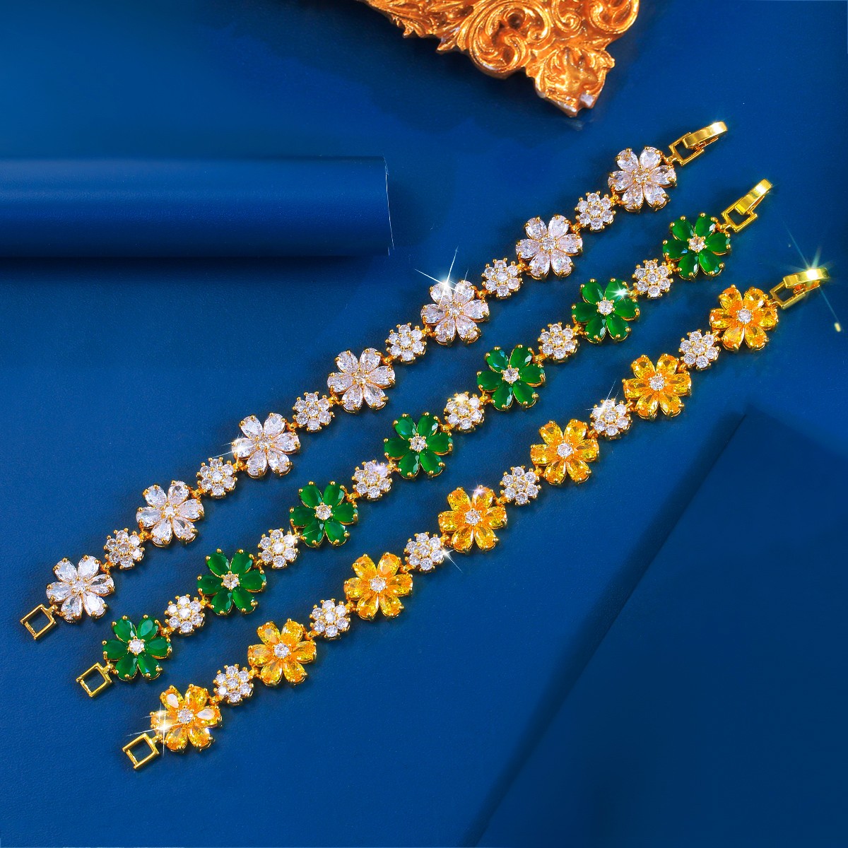 Sparkly Yellow Gold Plated Cubic Zirconia Flower Tennis Bracelet for Women Party