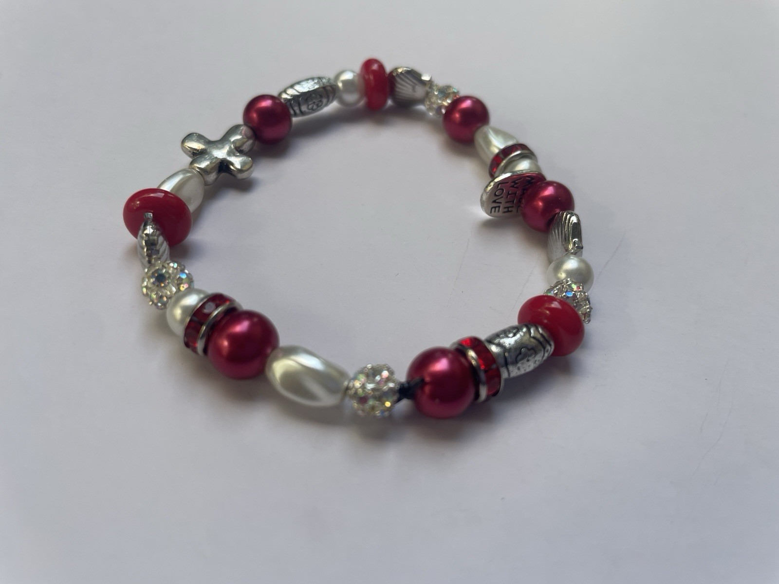 Red & Silver Tone Beaded Charm Stretch Bracelet Metal/Plastic