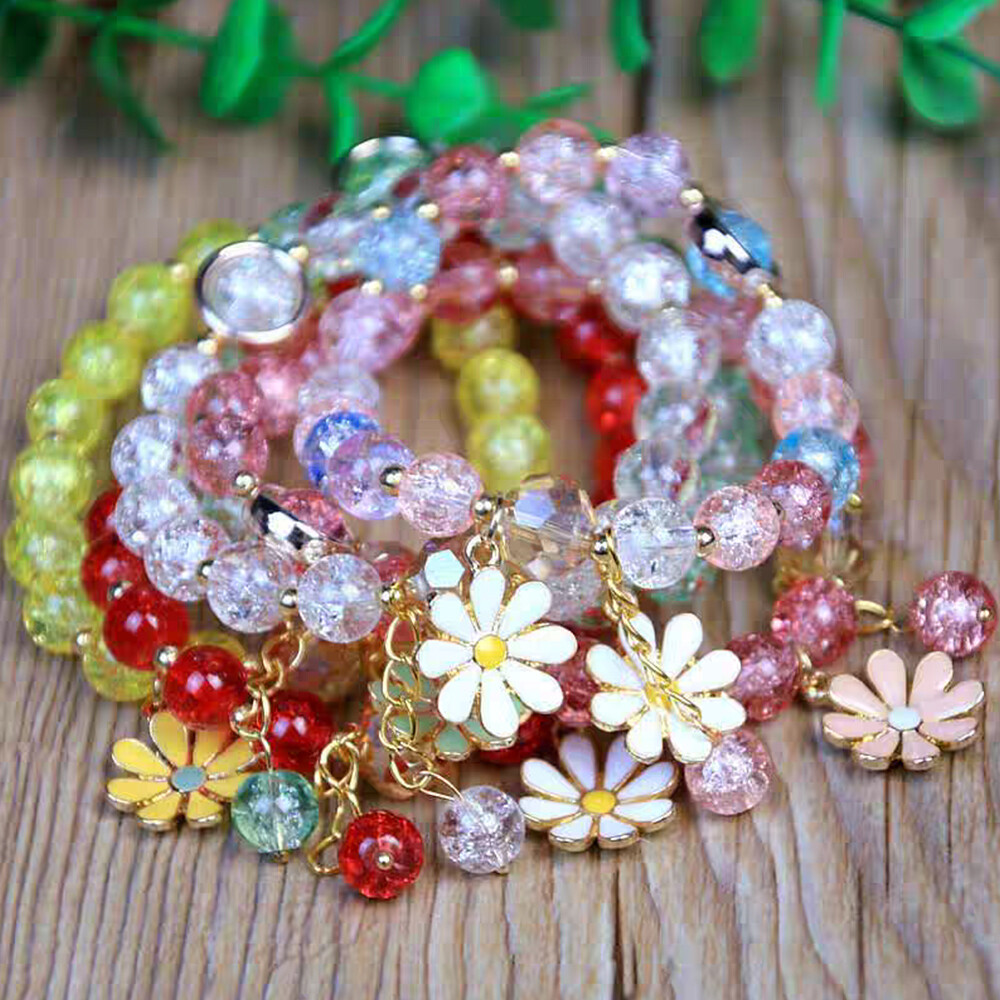 Women Beads Bracelet Daisy Pendant Chain Colorful Crystal Wristband Sweet Gift