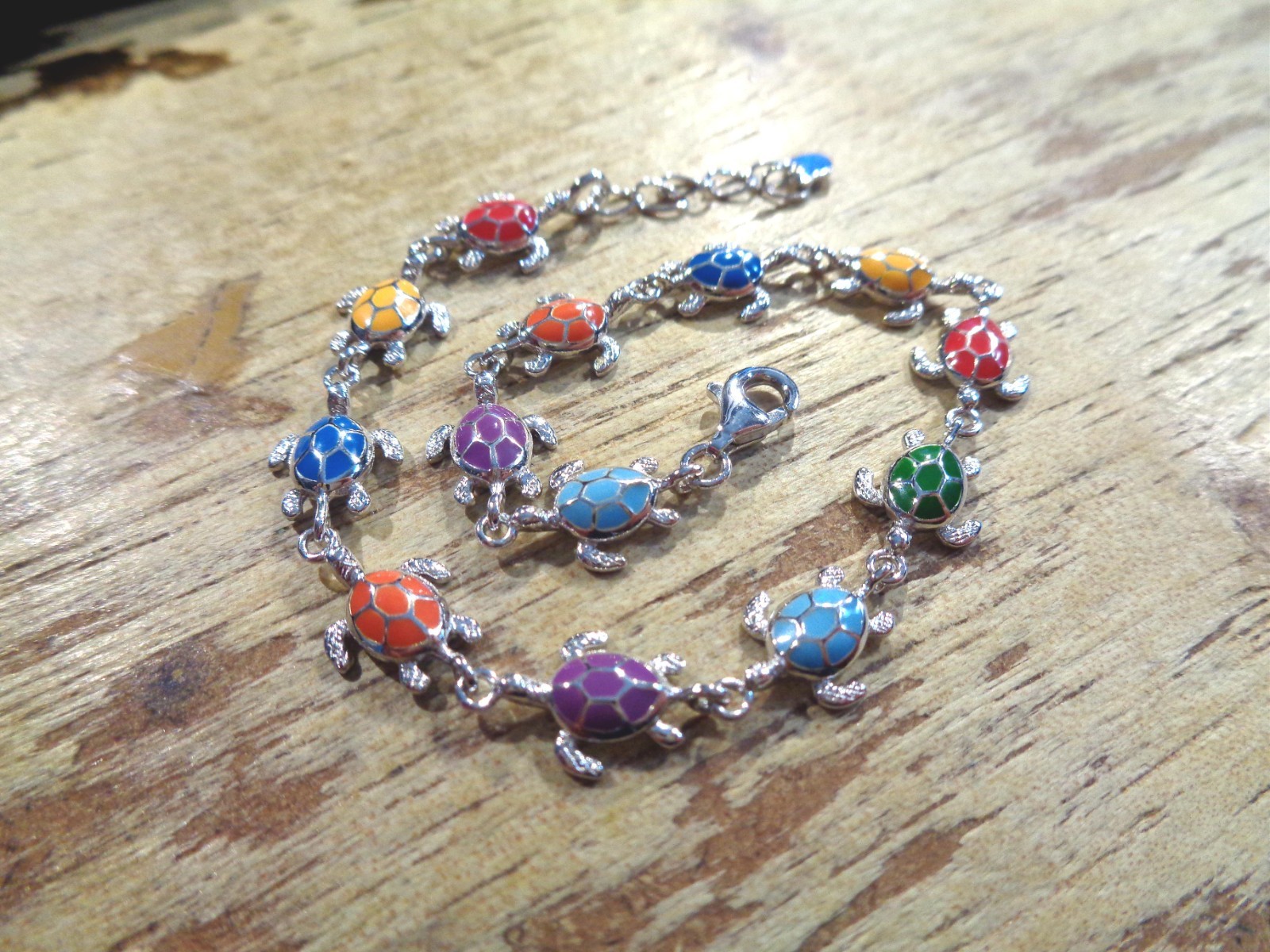 8.5MM RHODIUM 925 STER SILVER INLAID MIXED ENAMEL HAWAIIAN HONU TURTLE BRACELET