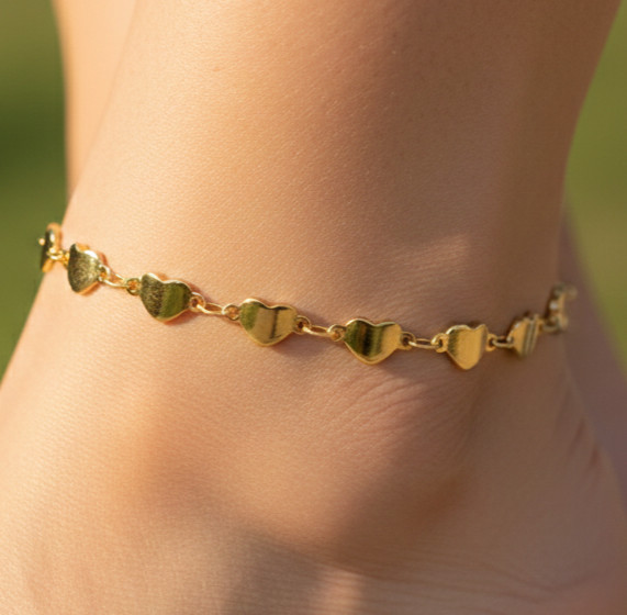 18K Gold Tone Heart Anklet Handmade Designer Brass Chain Chic Minimalist Boho