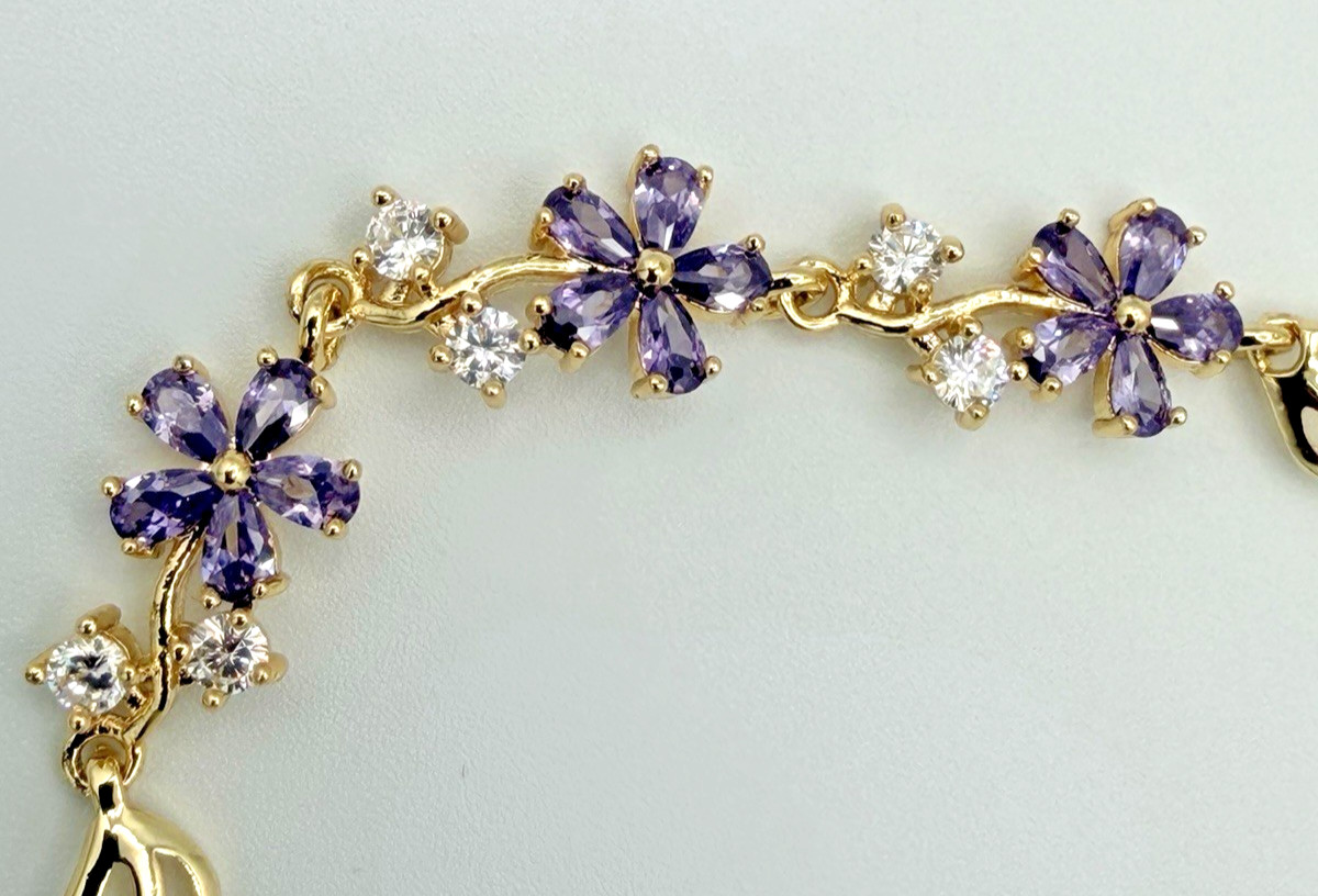 18K Gold Filled Bracelet w/ Purple & White Crystals – 7 Inches New