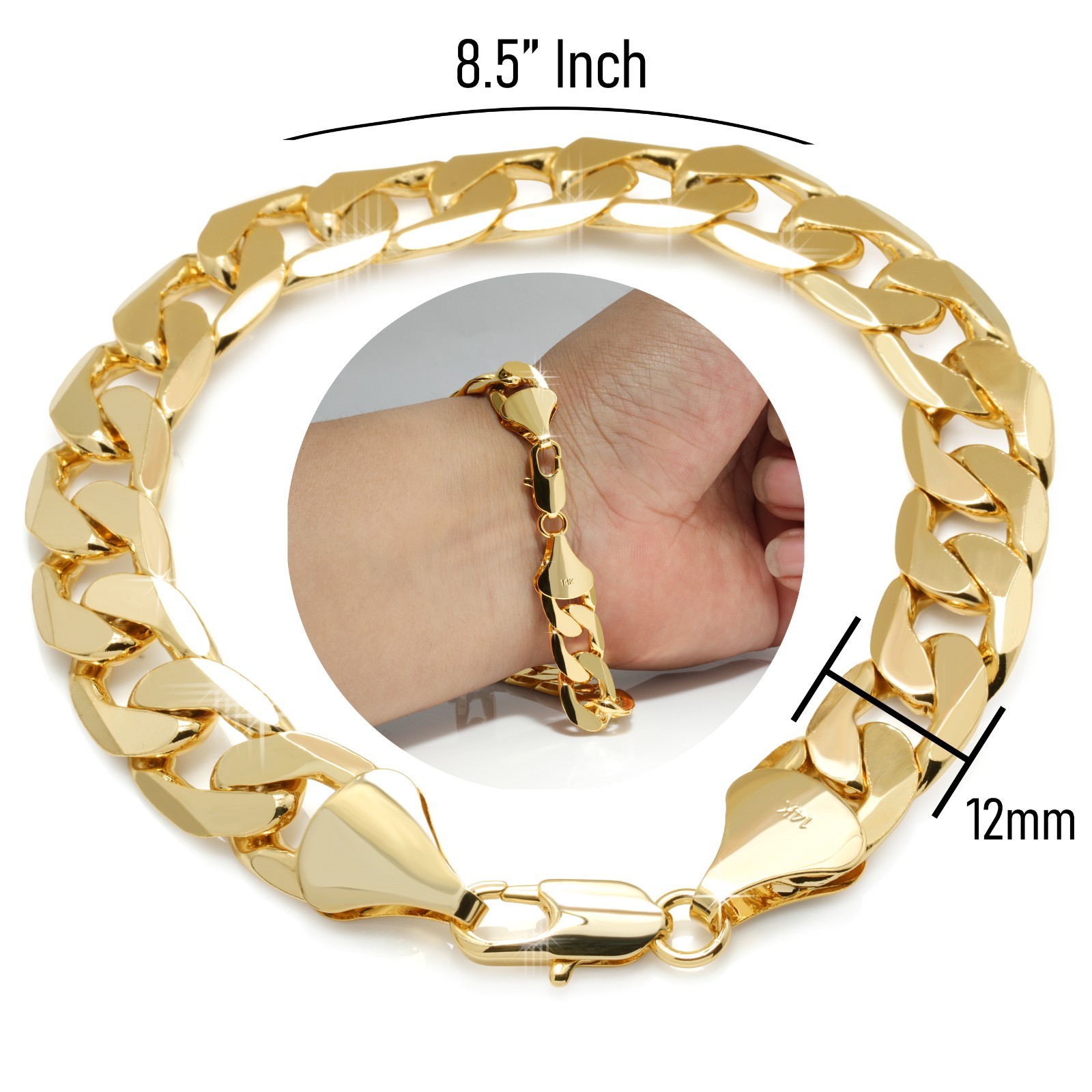 Cuban Link Chain Bracelet 12mm 8.5″ 14K Gold Plated Hip Hop Mens Jewelry Fashion