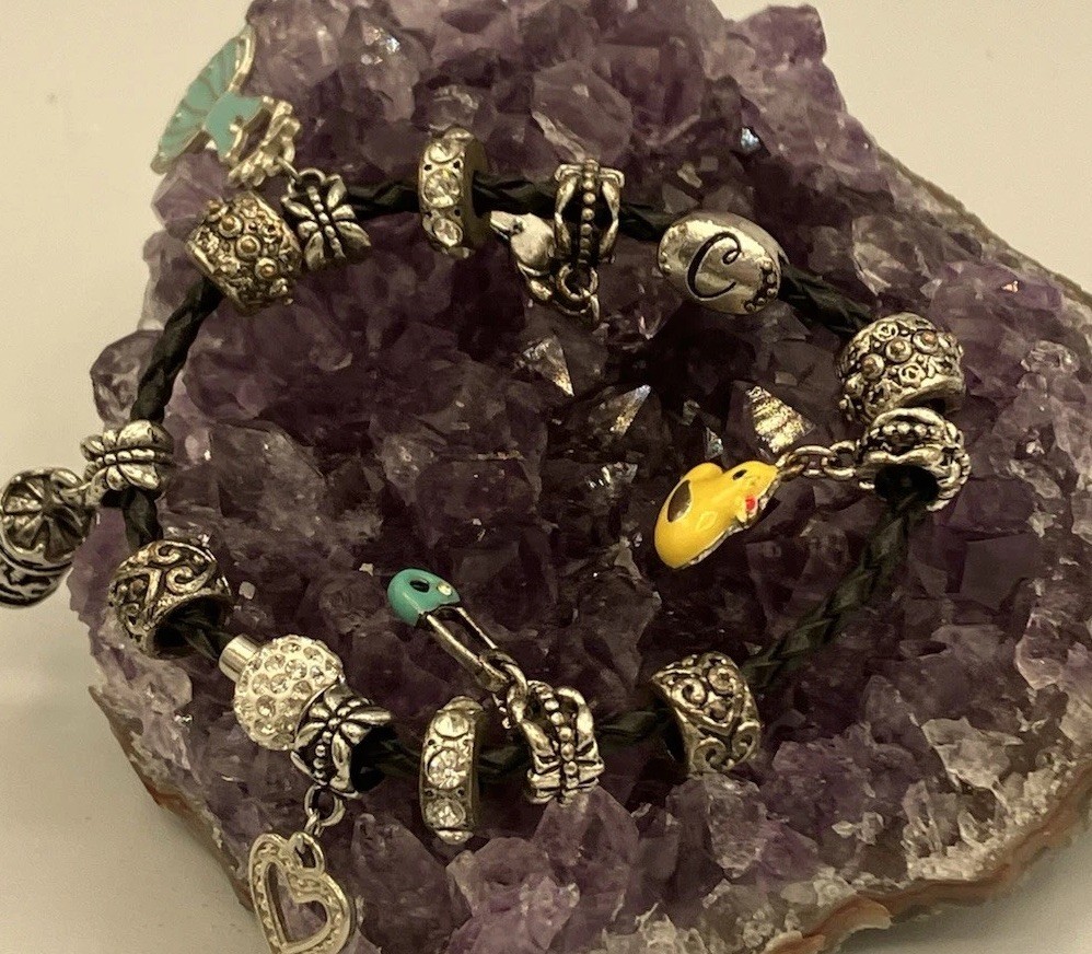 Layered Bracelet Stack Set Black Beaded Abalone Charm Bangle Mixed Style