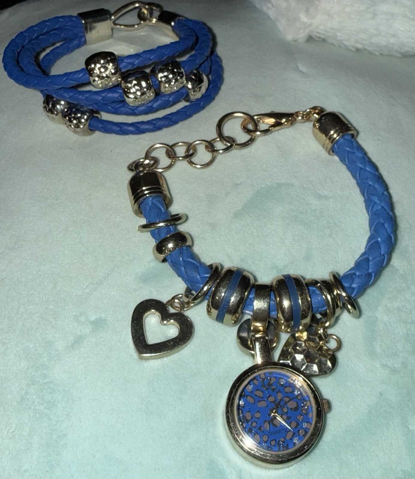 Blue Faux Leather Braided Cable Chain Charm Bracelets