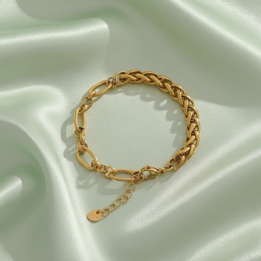 Anthropologie Bracelet Gold Boho 14k Chain Link Oval Braid Geometric Mixed Chunk