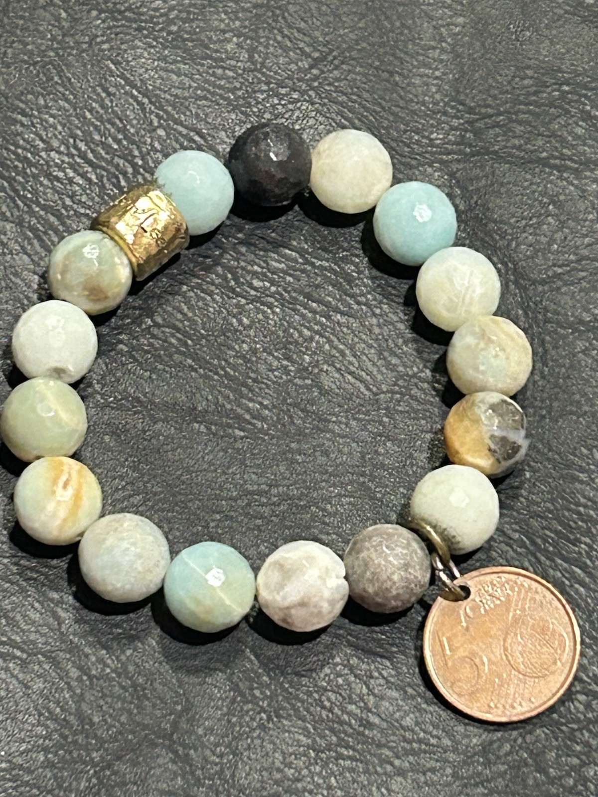 EUC Multi Color Amazonite Beaded Stretch Bracelet With Spanish Coin Charm 7″