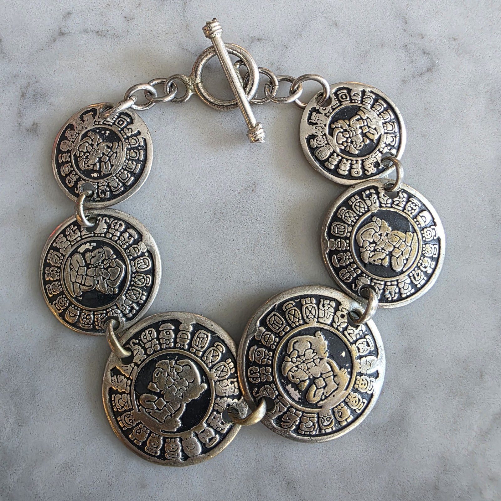 Aztec Silver Sun Calendar Plaque Medallion Bracelet Mayan Mexico