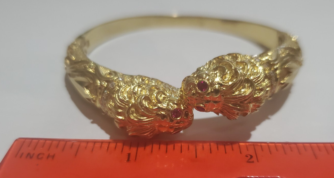 22K Gold-plated 925 Sterling Silver Lion Cuff Bracelet, Red Cubic Zirconia Eyes