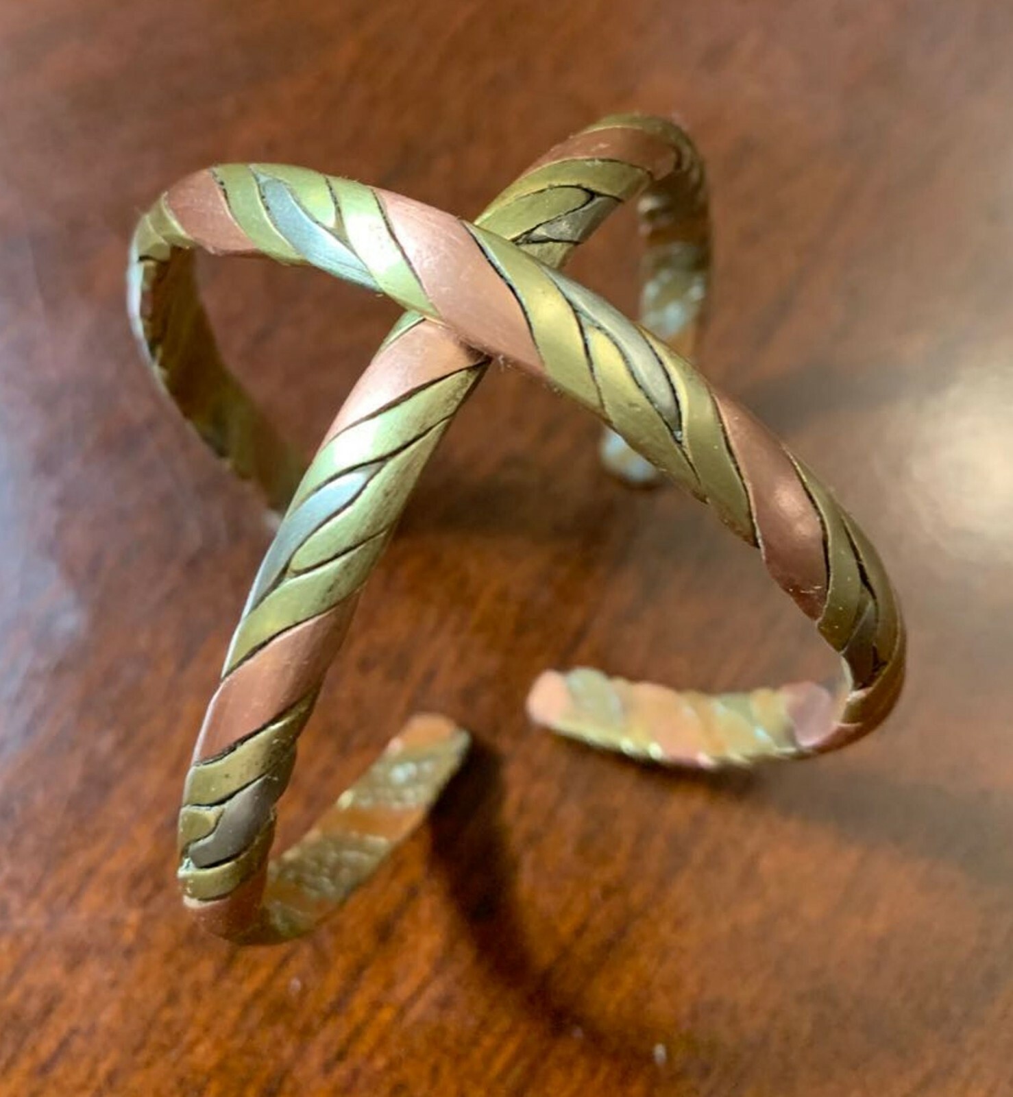 Nepalis BRACELET Tri-Metal Twist Braided Cuff Bangle – Handmade from Nepal