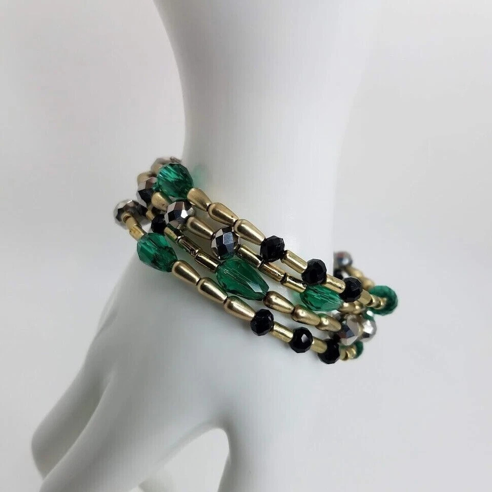 Fashion Beaded Memory Wire Coil Bracelet Green Black Gold Tone Multi Strand Wrap