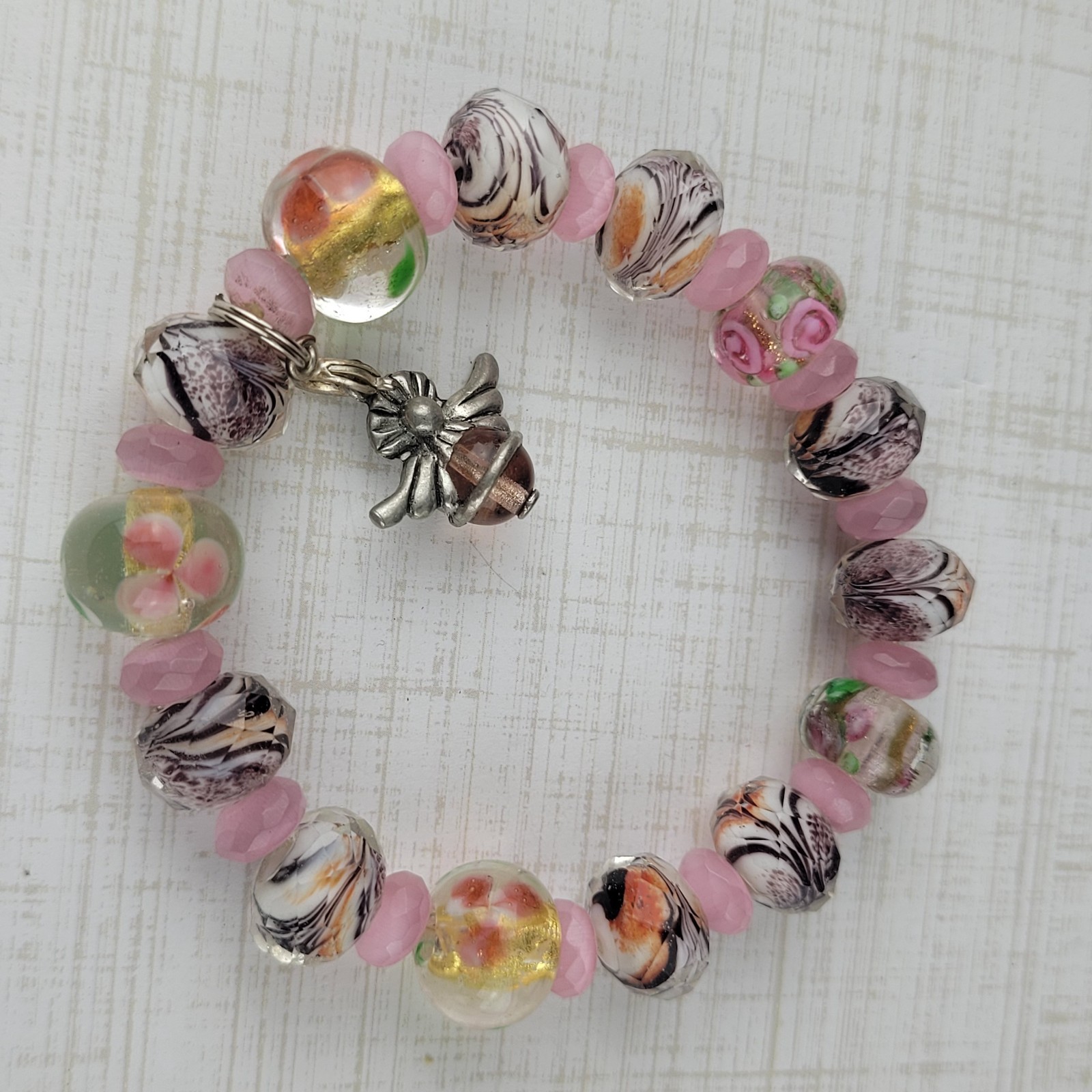 Art Glass Bead Angel Charm Bracelet Pink Black Multicolor Floral Stretch 7.5″