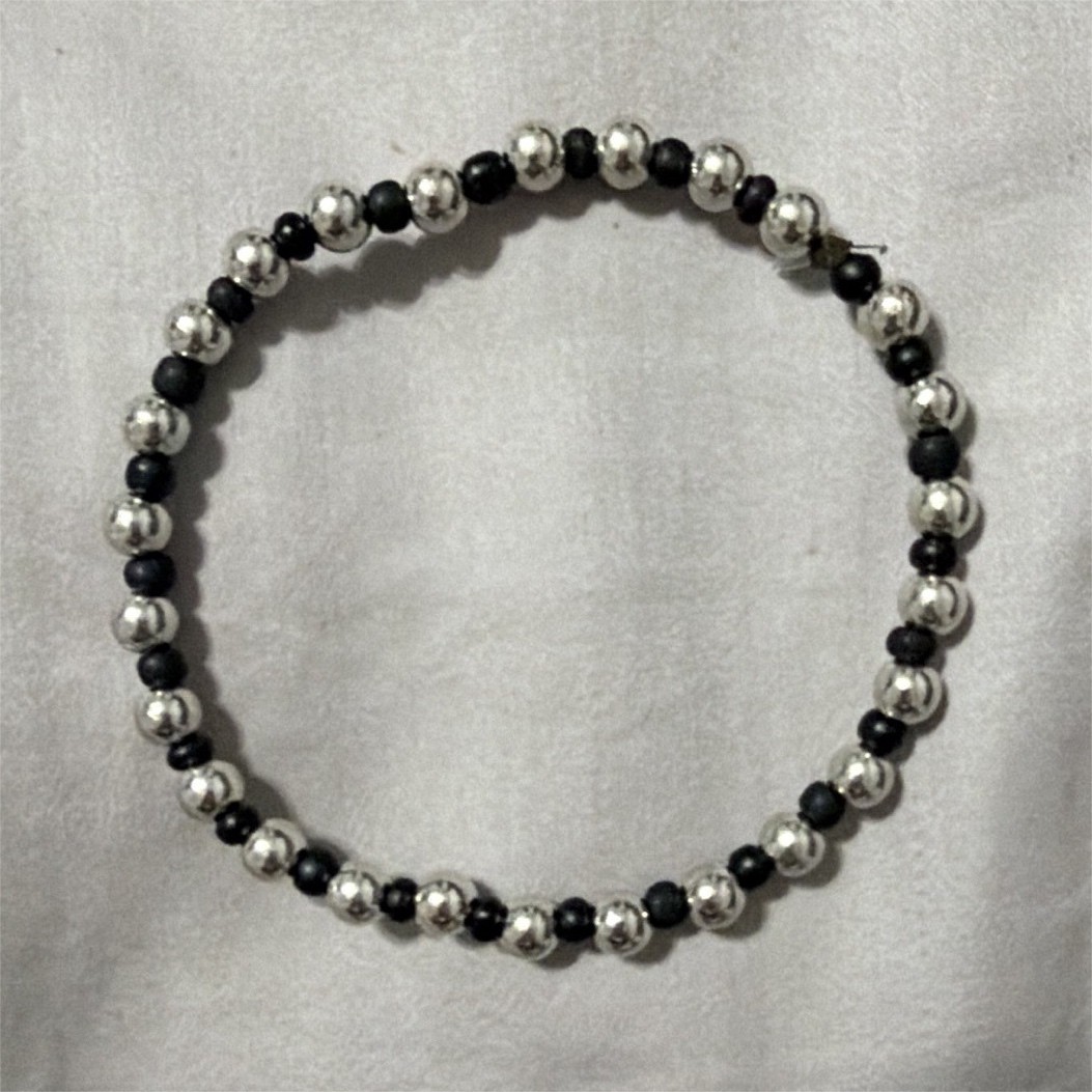 Black & Silver Round Beaded Stretch Bracelet, Stackable, No Stone