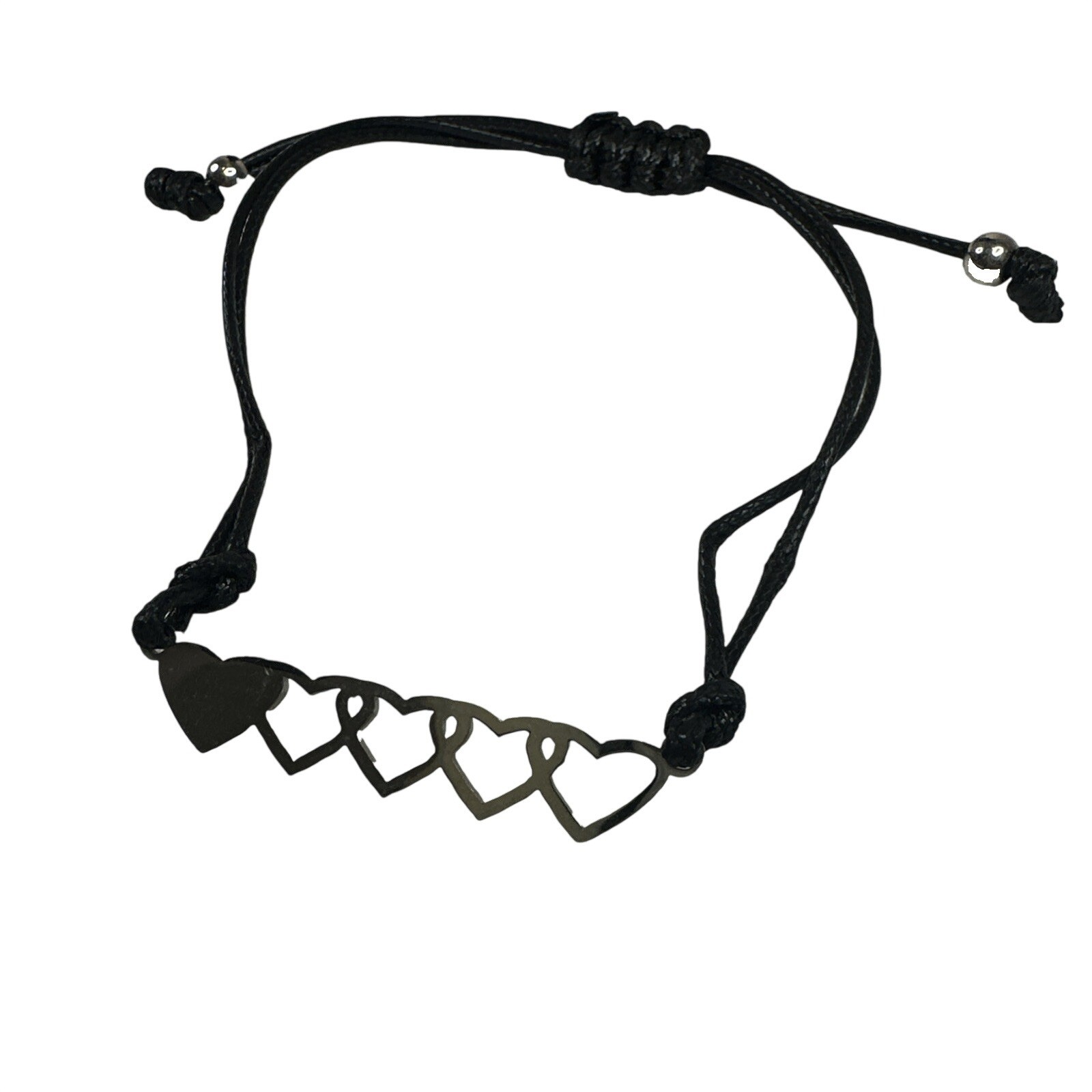 Pull Cord Bracelet Black Cord Silver Tone Hearts Dainty Cute Goth Love
