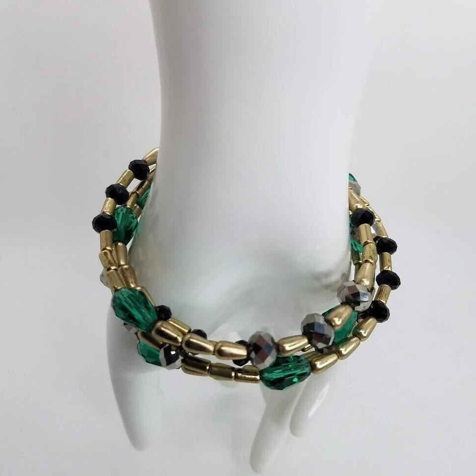 Fashion Beaded Memory Wire Coil Bracelet Green Black Gold Tone Multi Strand Wrap
