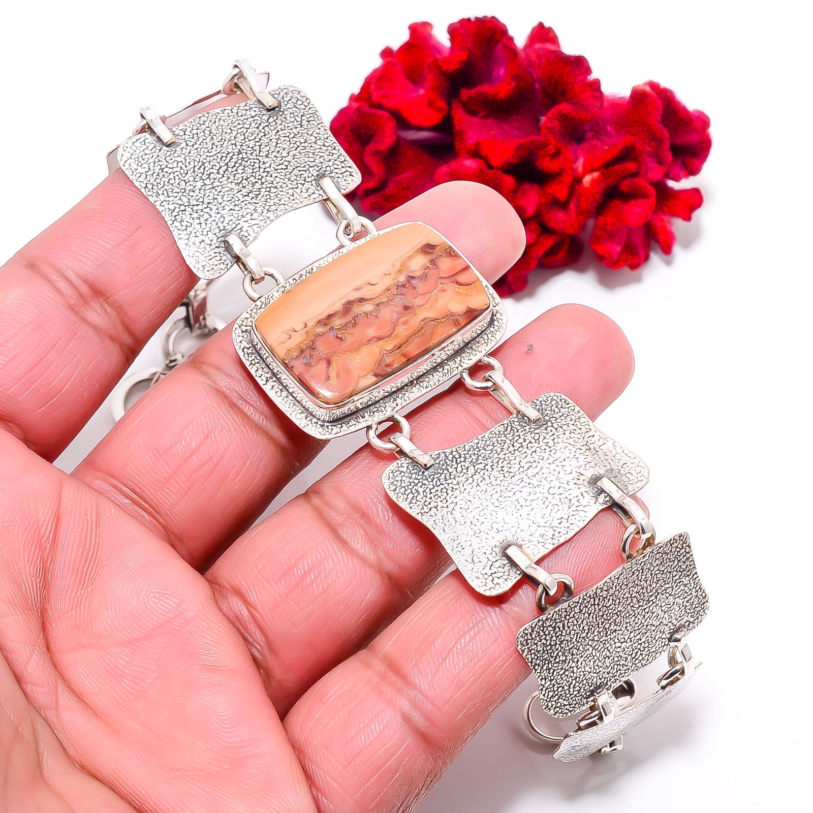 Wave Dolomite – Mexico 925 Sterling Textured Silver Bracelet 8.99″ B8439