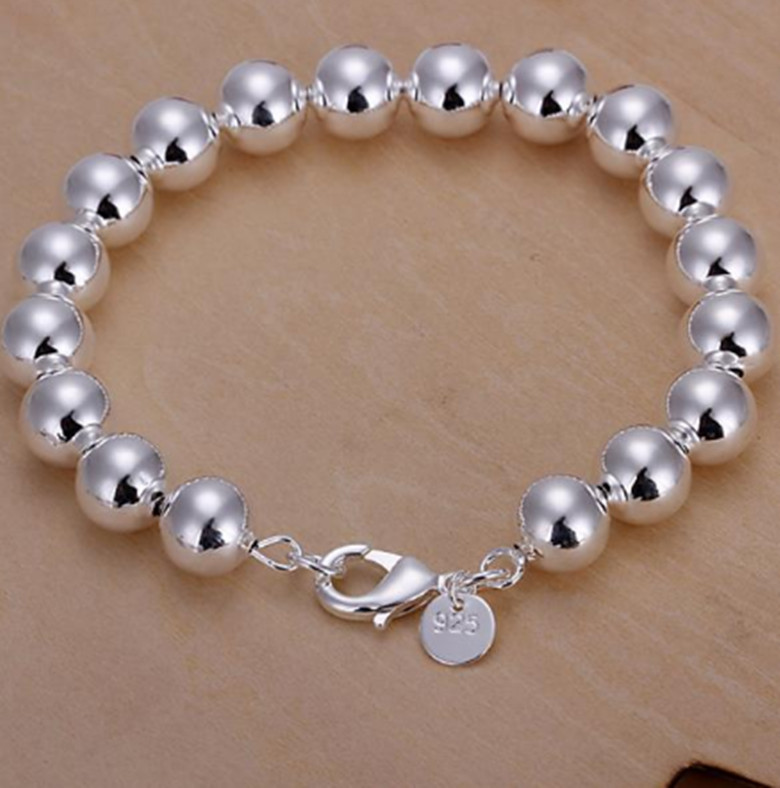 Womens 925 Sterling Silver 10mm Beads Ball String Chain Fashion Bracelet #B293