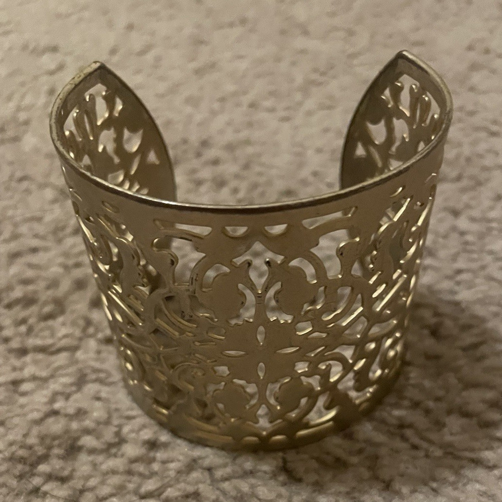 Gold Tone Metal Filigree Cutout Wide Cuff Bracelet, No Main Stone