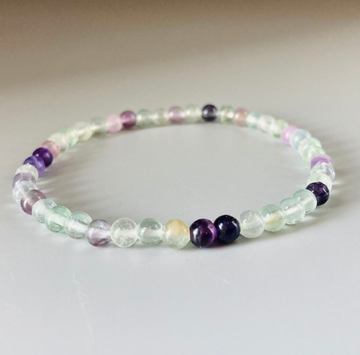 Rainbow Fluorite Bracelet 4mm Beaded Green Gemstone Stackable Bracelet 1pc