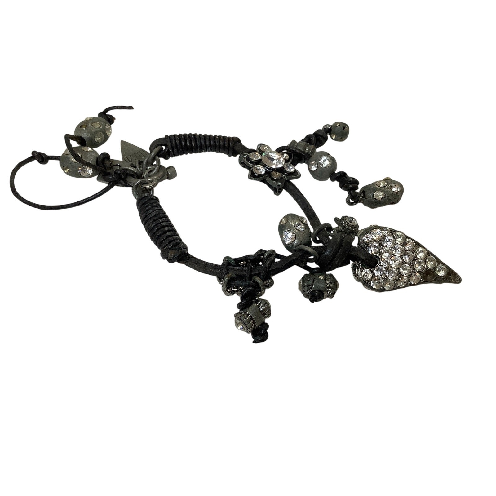 Rodrigo Otazu VTG Black Cord Crystal Flower Heart Beaded Charm Bracelet A6-35