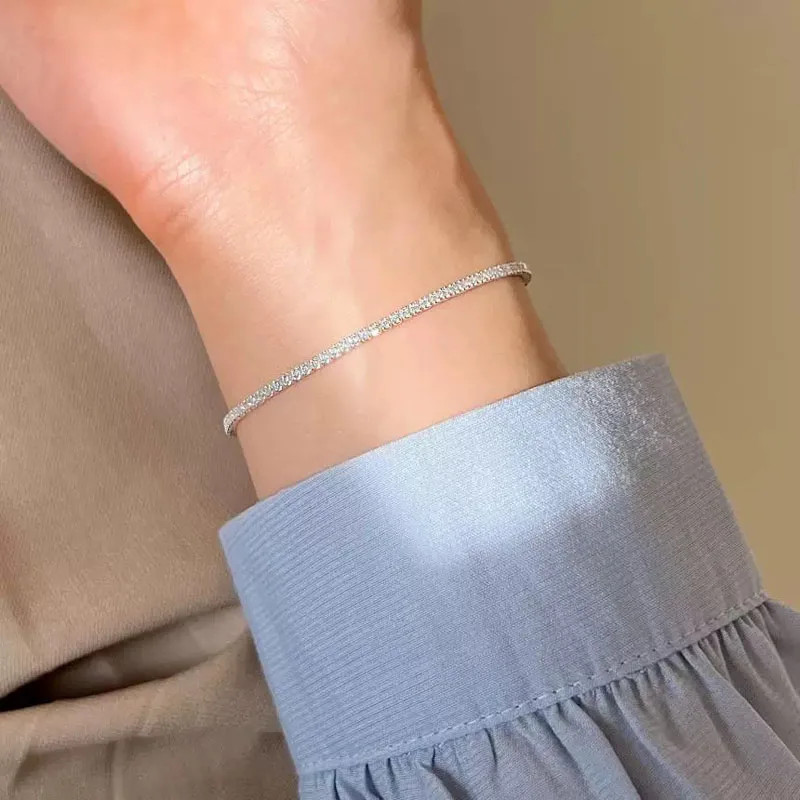 925 Sterling Silver Zircon Chain Bracelet Women Round Link Fine Classic Jewelry