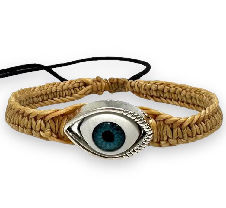 Beige Evil Eye Bracelet for Protection – Adjustable Braided Cord | Blue Eye