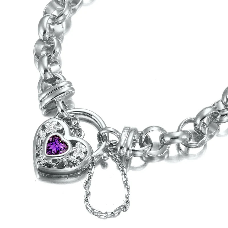 925 Sterling Silver Plated 10mm Belcher Chain Bracelet with a Purple Filigre…