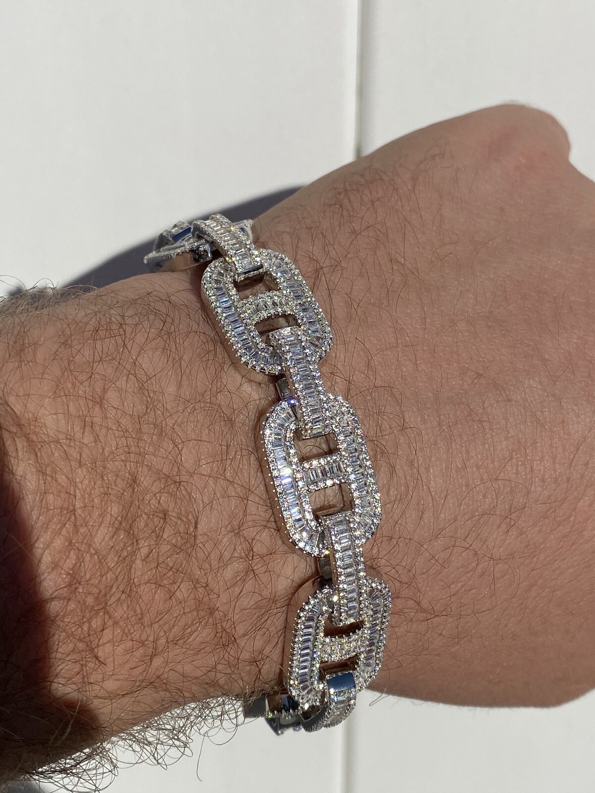 Men’s Solid 925 Silver Baguette Gucci Link Bracelet CZ Thick Flooded Out 15mm