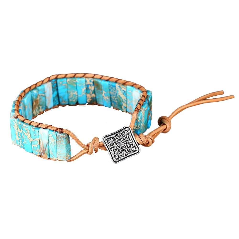 Natural Blue Turquoise Tube Stone Bracelet Leather Braided Healing Copper Wrap