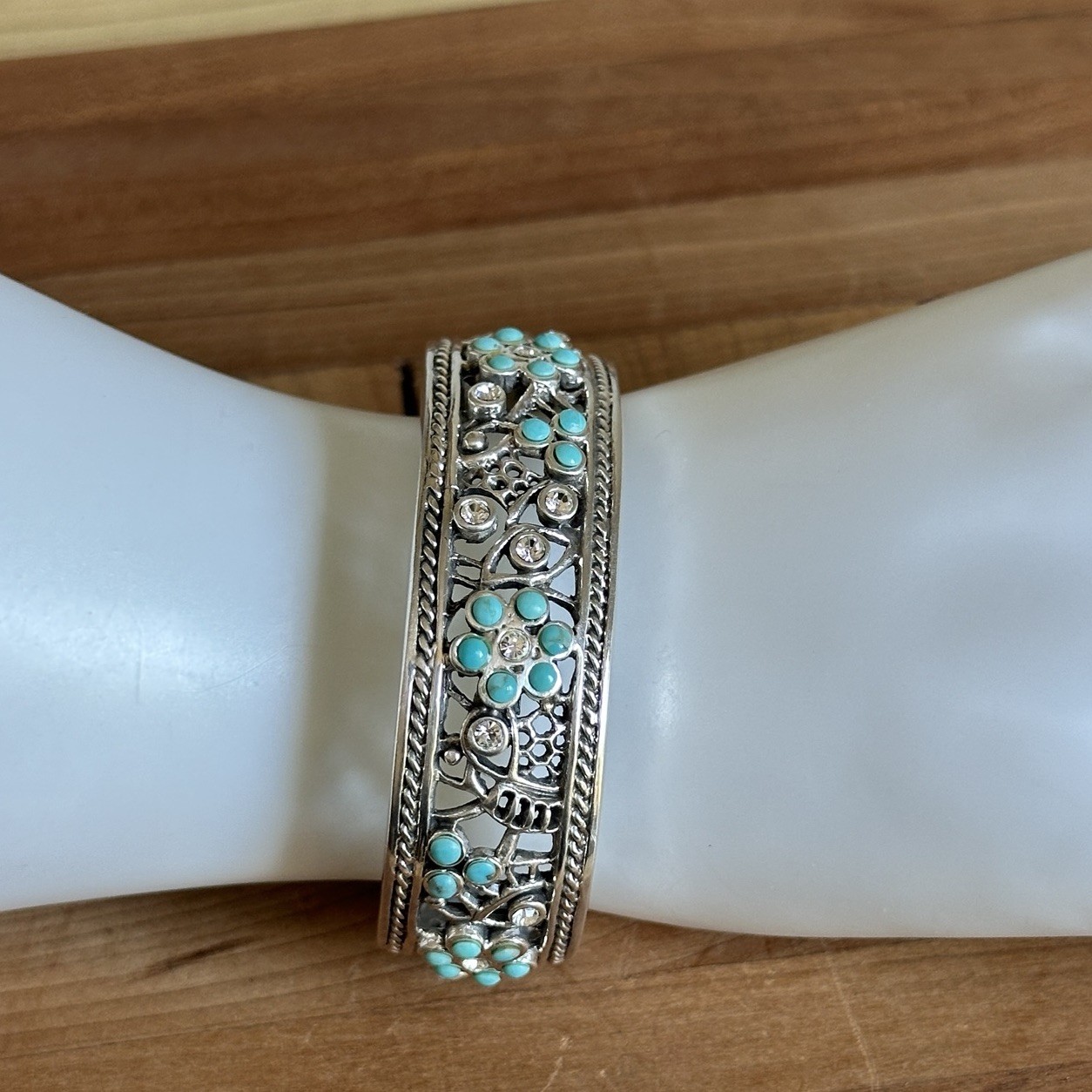 Barse Open Cuff Bracelet 6.5 Inch Turquoise Clear CZ Floral 925 Sterling 53.8g