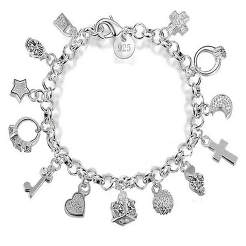 925 Sterling Silver Fashion 13pcs Pendant Charm Bracelet For Women Teen Girls