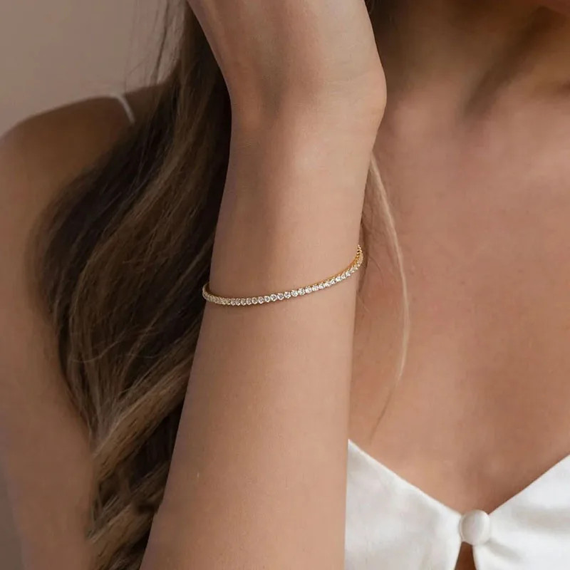 925 Sterling Silver Zircon Chain Bracelet Women Round Link Fine Classic Jewelry