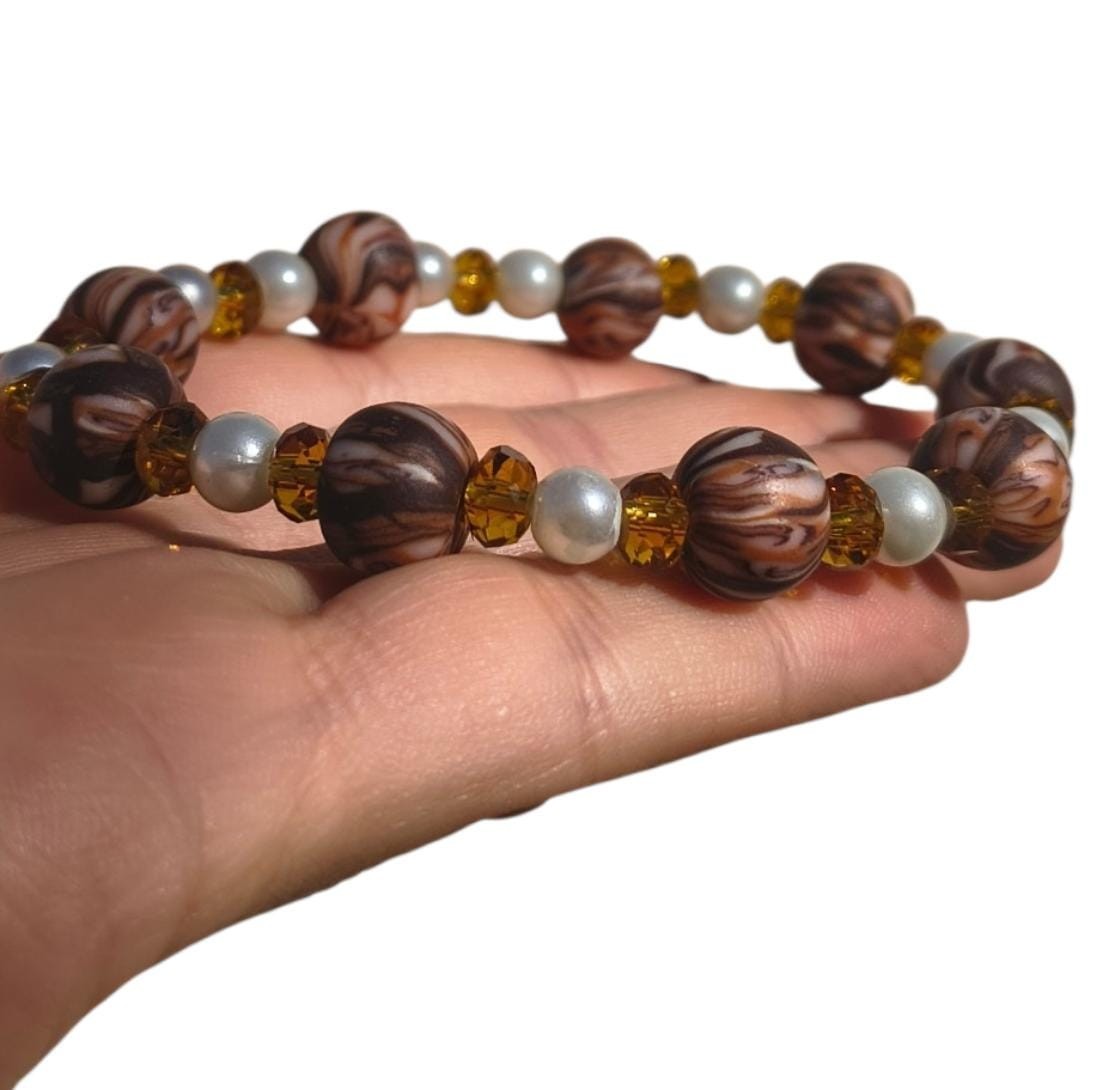 Brown Marbled Beaded Bracelet Faux Pearl Amber Yellow Tone Women Stretch Gift