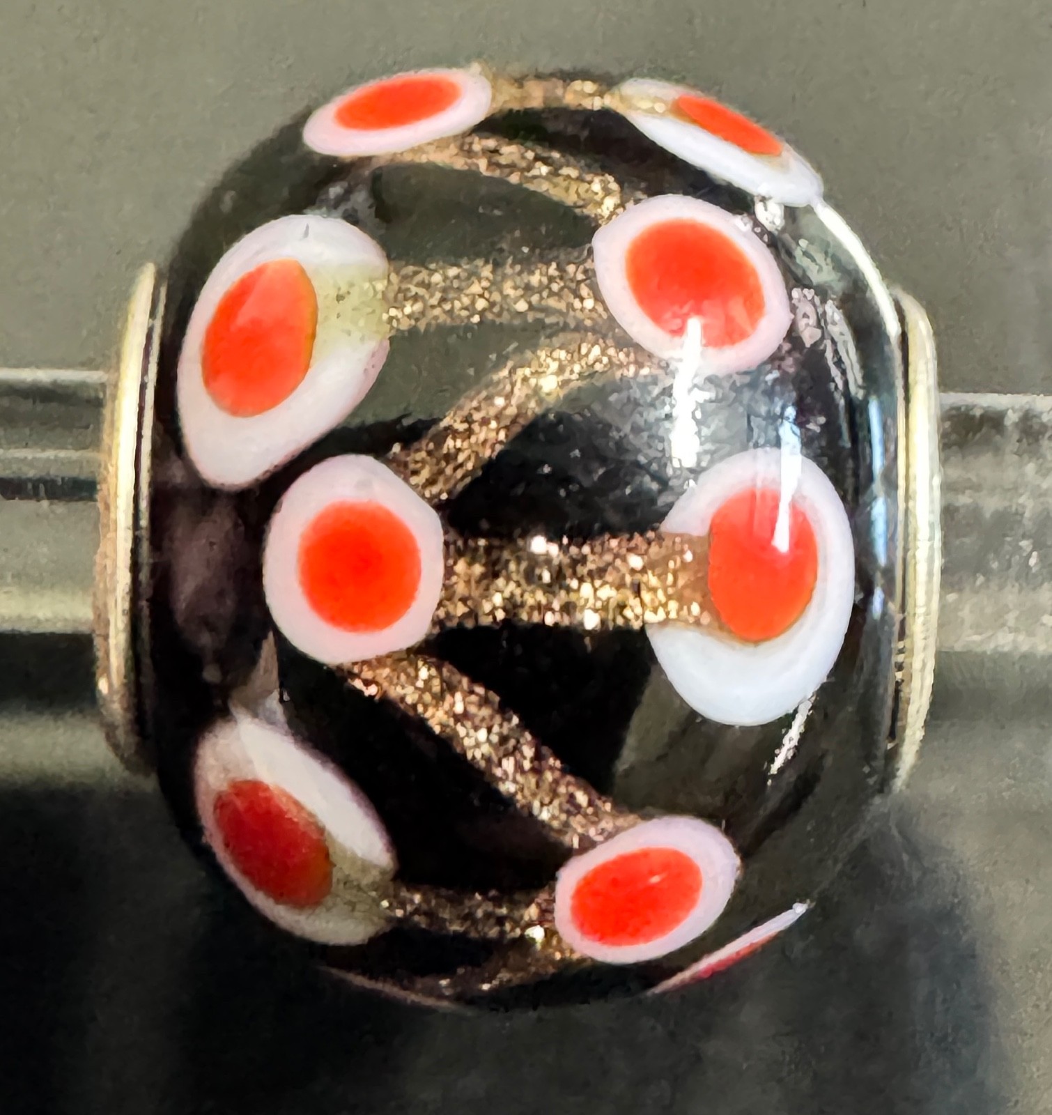 Trollbeads Black Base With Glitter Red Cherries MINI BARREL BEAD
